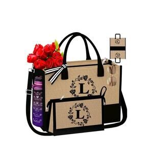 Monogrammed "L" Tote Bags, 2Pcs Initial Personalized Jute Tote Birthday Gifts...